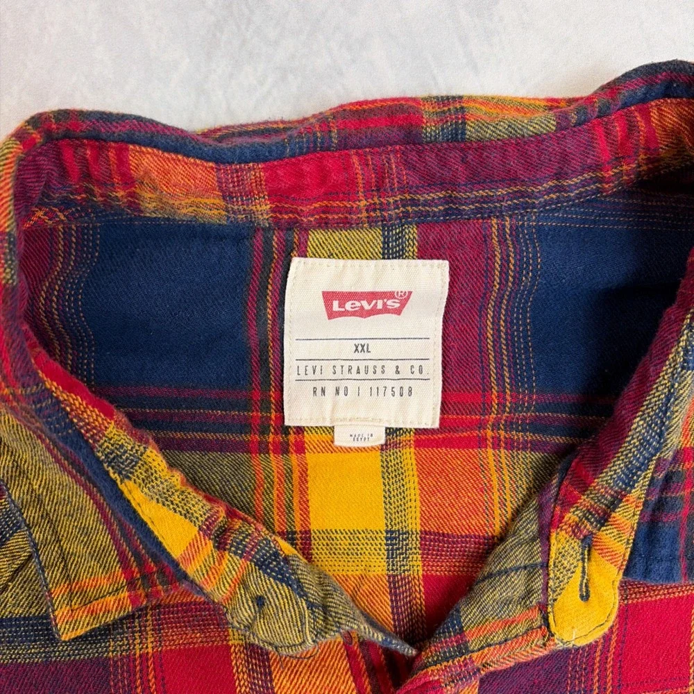 Levi's Flannel Shirt Mens XXL Red Yellow Blue Plaid Western Cotton Button Down